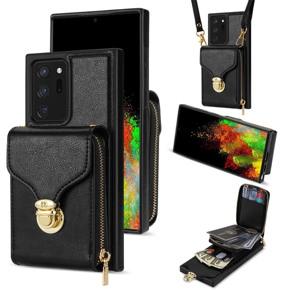 Feishell Crossbody Wallet Case for Samsung Galaxy Note 20 Ultra,with Detachable Shoulder Strap,Premium PU Leather Metal Snap Zipper Pocket Credit Card Holder Stand Phone Case for Women Men,Black
