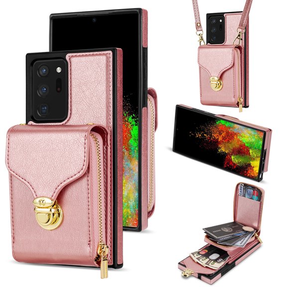 Feishell Crossbody Wallet Case for Samsung Galaxy Note 20 Ultra,with Detachable Shoulder Strap,Premium PU Leather Metal Snap Zipper Pocket Credit Card Holder Stand Phone Case for Women Men,Rosegold