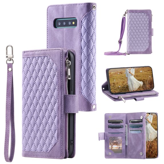 Feishell Crossbody Wallet Case for Samsung Galaxy S10E,Luxury PU Leather Magnetic Buckle Zipper Pocket Card Slots Shockproof Flip Stand Phone Cover with Hand Strap & Shoulder Strap,Purple