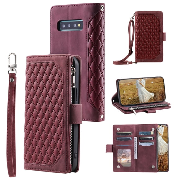 Feishell Crossbody Wallet Case for Samsung Galaxy S10E,Luxury PU Leather Magnetic Buckle Zipper Pocket Card Slots Shockproof Flip Stand Phone Cover with Hand Strap & Shoulder Strap,Winered