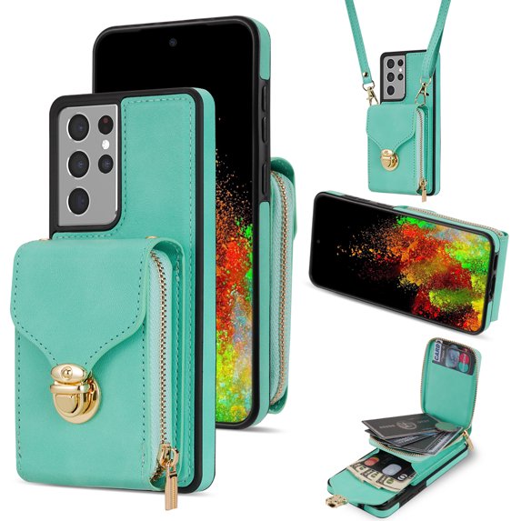 Feishell Crossbody Wallet Case for Samsung Galaxy S21 Ultra,with Detachable Shoulder Strap,Premium PU Leather Metal Snap Zipper Pocket Credit Card Holder Kickstand Phone Case for Women Men,Mint