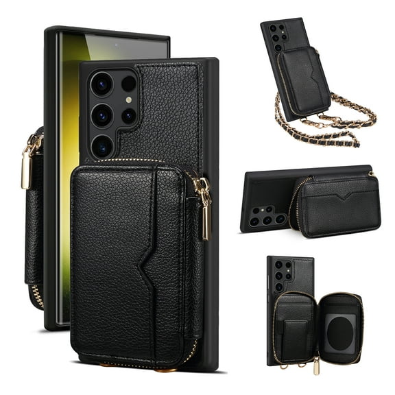 Feishell Crossbody Wallet Case for Samsung Galaxy S22 Ultra (6.8 inch),Zipper Pocket Case with Card Holder,Premium PU Leather Purse Back Kickstand Phone Case with Detachable Shoulder Strap,Black