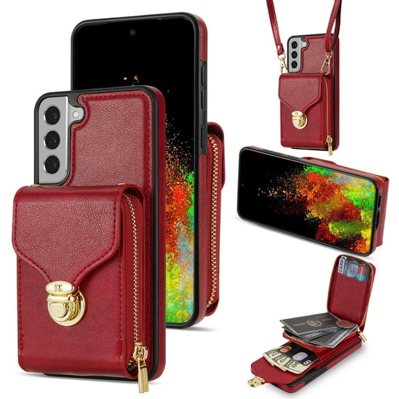 Feishell Crossbody Wallet Case for Samsung Galaxy S22,with Detachable Shoulder Strap,Premium PU Leather Metal Snap Zipper Pocket Credit Card Holder Kickstand Phone Case for Women Men,Red