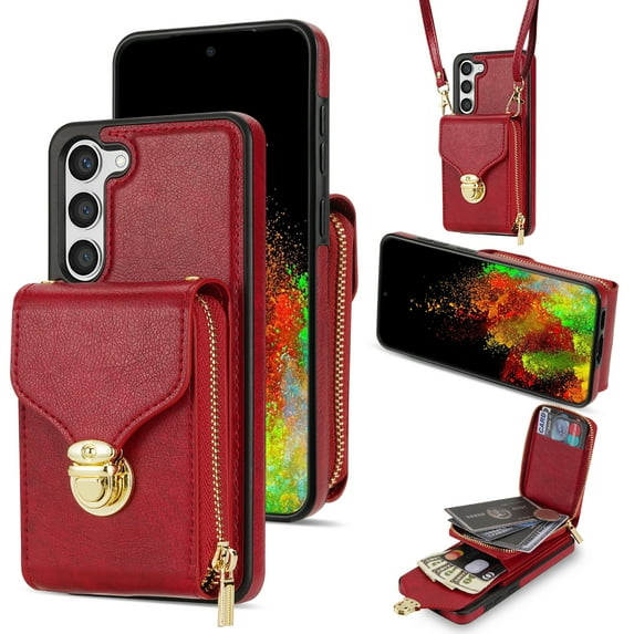 Feishell Crossbody Wallet Case for Samsung Galaxy S23 Plus,with Detachable Shoulder Strap,Premium PU Leather Metal Snap Zipper Pocket Credit Card Holder Kickstand Phone Case for Women Men,Red
