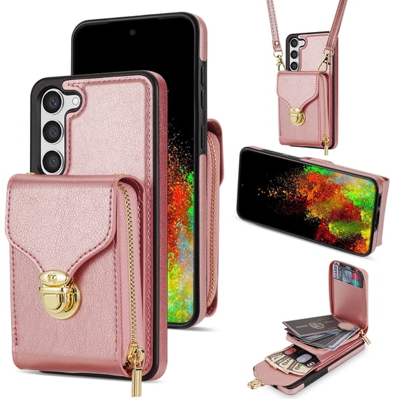 Feishell Crossbody Wallet Case for Samsung Galaxy S23 Plus,with Detachable Shoulder Strap,Premium PU Leather Metal Snap Zipper Pocket Credit Card Holder Kickstand Phone Case for Women Men,Rosegold
