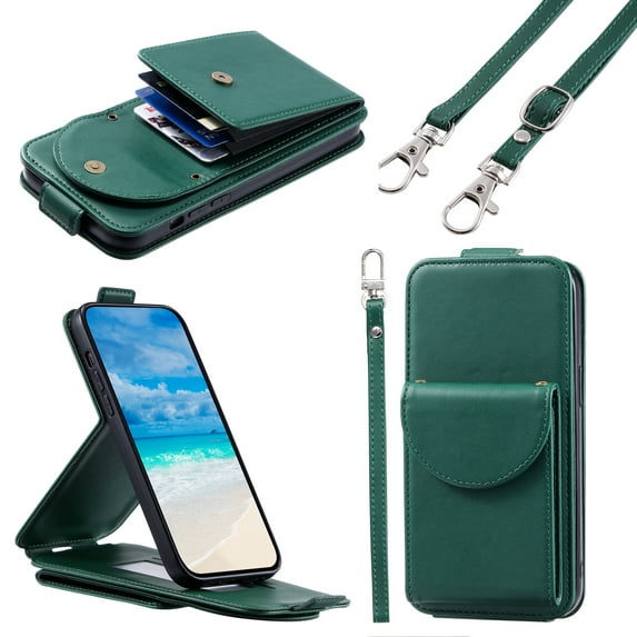 Feishell Crossbody Wallet Case for Samsung Galaxy S24,Durable PU Leather Vertical Flip Kickstand Magnetic Button Credit Card Slots Handbag Phone Case with Wrist & Shoulder Strap,Green