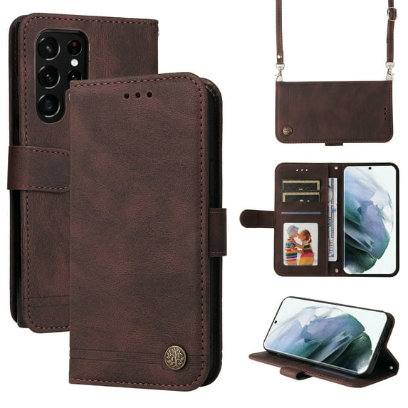 Feishell Crossbody Wallet Case for Samsung Galaxy S24 Ultra 6.8 inch,Premium PU Leather Magnetic Clasp Flip Kickstand Credit Card Slots Shockproof Phone Case with Removable Shoulder Strap,Brown