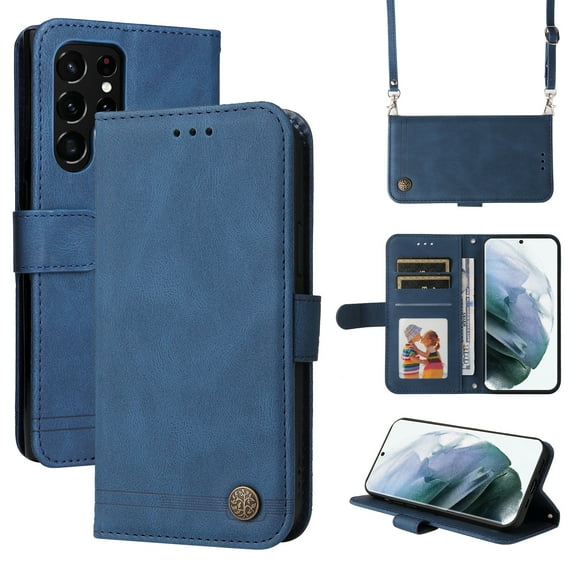 Feishell Crossbody Wallet Case for Samsung Galaxy S24 Ultra 6.8 inch,Premium PU Leather Magnetic Clasp Flip Kickstand Credit Card Slots Shockproof Phone Case with Removable Shoulder Strap,Blue