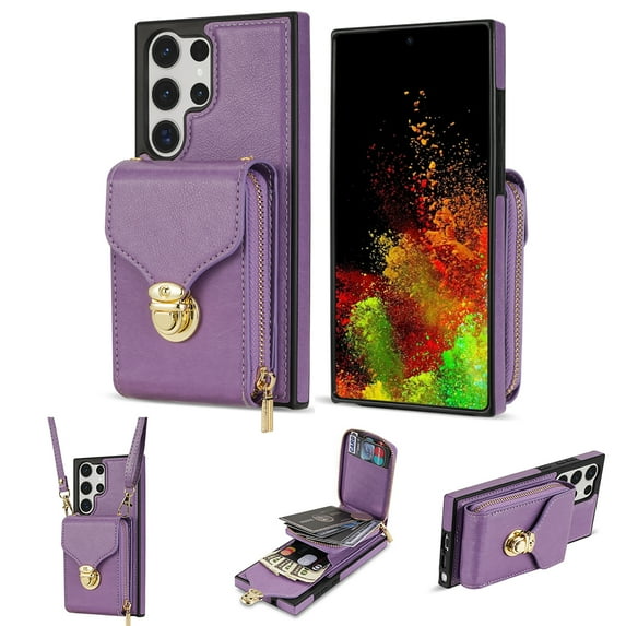 Feishell Crossbody Wallet Case for Samsung Galaxy S24 Ultra,with Detachable Shoulder Strap,Premium PU Leather Metal Snap Zipper Pocket Credit Card Holder Kickstand Phone Case for Women Men,Purple