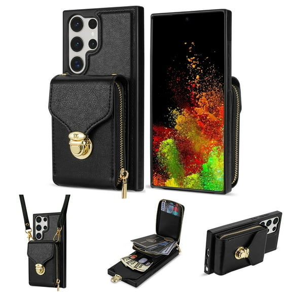 Feishell Crossbody Wallet Case for Samsung Galaxy S24 Ultra,with Detachable Shoulder Strap,Premium PU Leather Metal Snap Zipper Pocket Credit Card Holder Kickstand Phone Case for Women Men,Black