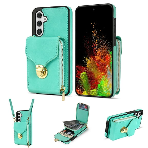 Feishell Crossbody Wallet Case for Samsung Galaxy S24,with Detachable Shoulder Strap,Premium PU Leather Metal Snap Zipper Pocket Credit Card Holder Kickstand Phone Case for Women Men,Mint