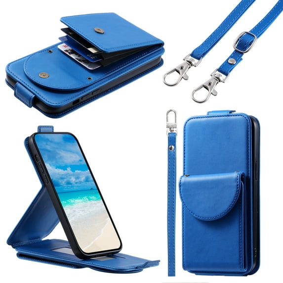 Feishell Crossbody Wallet Case for Samsung Galaxy S25,Durable PU Leather Vertical Flip Kickstand Magnetic Button Credit Card Slots Handbag Phone Case with Wrist & Shoulder Strap,Blue