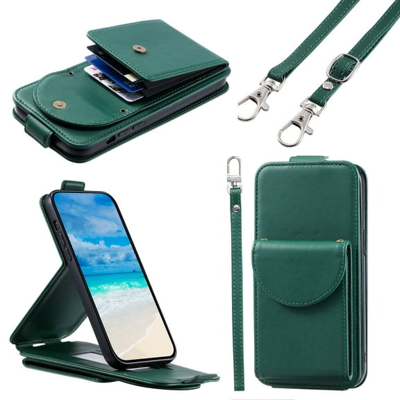 Feishell Crossbody Wallet Case for Samsung Galaxy S25 Plus,Durable PU Leather Vertical Flip Kickstand Magnetic Button Credit Card Slots Handbag Phone Case with Wrist & Shoulder Strap,Green