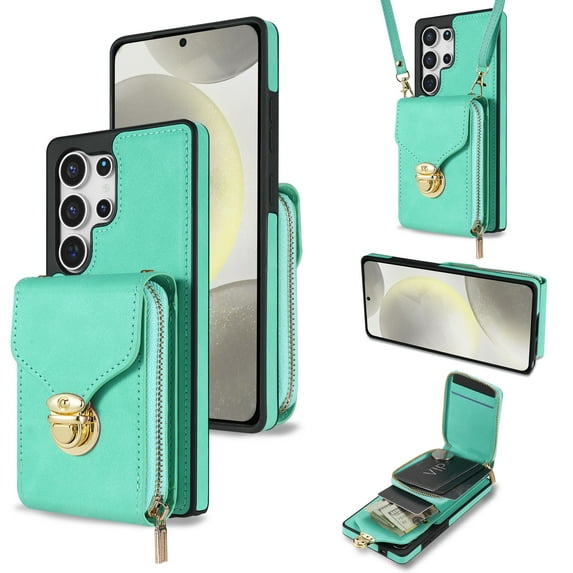 Feishell Crossbody Wallet Case for Samsung Galaxy S25 Ultra,with Detachable Shoulder Strap,Premium PU Leather Metal Snap Zipper Pocket Credit Card Holder Kickstand Phone Case for Women Men,Mint