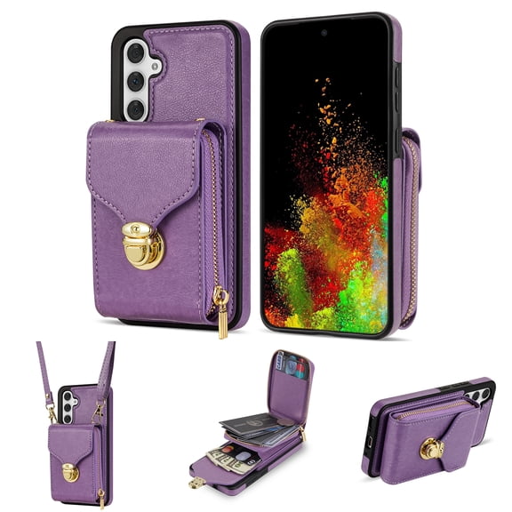 Feishell Crossbody Wallet Case for Samsung Galaxy S25,with Detachable Shoulder Strap,Premium PU Leather Metal Snap Zipper Pocket Credit Card Holder Kickstand Phone Case for Women Men,Purple