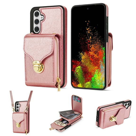 Feishell Crossbody Wallet Case for Samsung Galaxy S25+,with Detachable Shoulder Strap,Premium PU Leather Metal Snap Zipper Pocket Credit Card Holder Kickstand Phone Case for Women Men,Rosegold