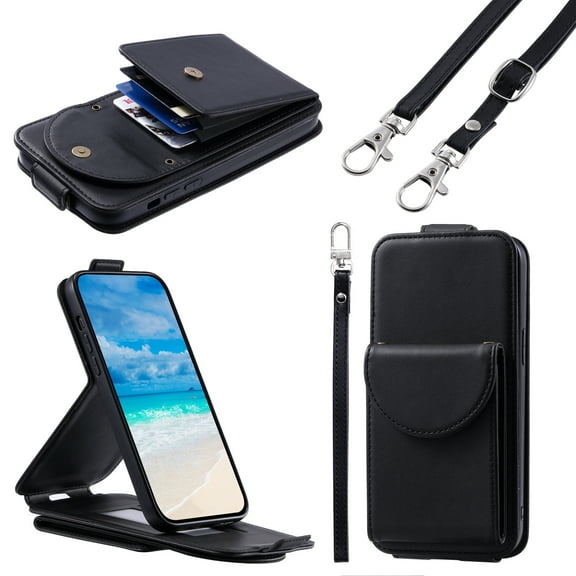Feishell Crossbody Wallet Case for iPhone 12 mini,Durable PU Leather Vertical Flip Kickstand Magnetic Button Credit Card Slots Handbag Phone Case with Wrist & Shoulder Strap,Black