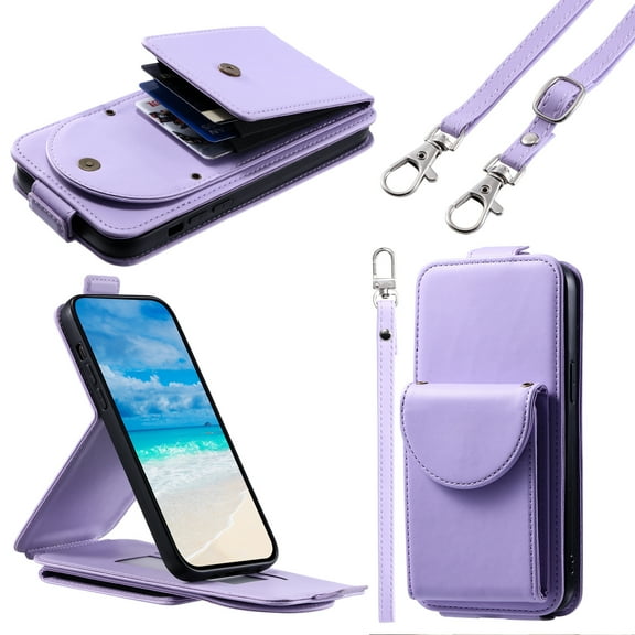 Feishell Crossbody Wallet Case for iPhone 12 mini,Durable PU Leather Vertical Flip Kickstand Magnetic Button Credit Card Slots Handbag Phone Case with Wrist & Shoulder Strap,Purple