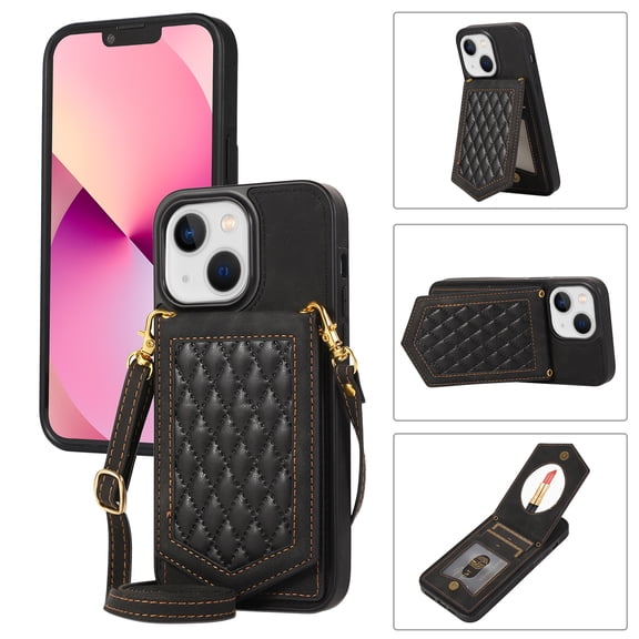 Feishell Crossbody Wallet Case for iPhone 13 mini, [RFID Blocking] Credit Card Holder Shoulder Strap,PU Leather Purse with Back Mirror Flip Women Girls Cover For iPhone 13 mini, Black