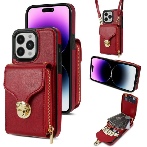 Feishell Crossbody Wallet Case for iPhone 15 Pro Max,with Detachable Shoulder Strap,Premium PU Leather Metal Snap Zipper Pocket Credit Card Holder Kickstand Phone Case for Women Men,Red
