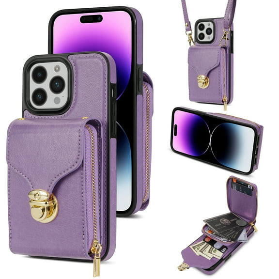 Feishell Crossbody Wallet Case for iPhone 15 Pro,with Detachable Shoulder Strap,Premium PU Leather Metal Snap Zipper Pocket Credit Card Holder Kickstand Phone Case for Women Men,Purple