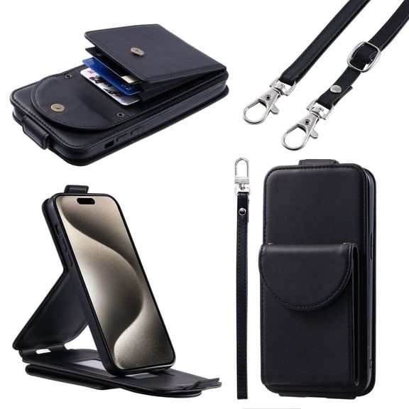 Feishell Crossbody Wallet Case for iPhone 16 Pro,Durable PU Leather Vertical Flip Kickstand Magnetic Button Credit Card Slots Handbag Phone Case with Wrist & Shoulder Strap,Black