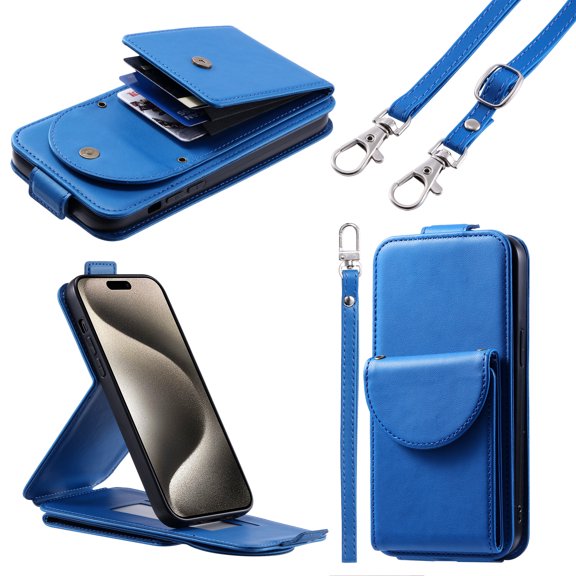 Feishell Crossbody Wallet Case for iPhone 16 Pro,Durable PU Leather Vertical Flip Kickstand Magnetic Button Credit Card Slots Handbag Phone Case with Wrist & Shoulder Strap,Blue