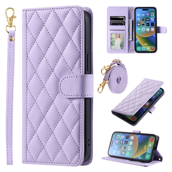 Feishell Crossbody Wallet Case for iPhone 16,with Detachable Wrist & Shoulder Strap,Luxury PU Leather Magnetic Clasp Card Holder Purse Flip Kickstand Phone Case for Women Men,Purple