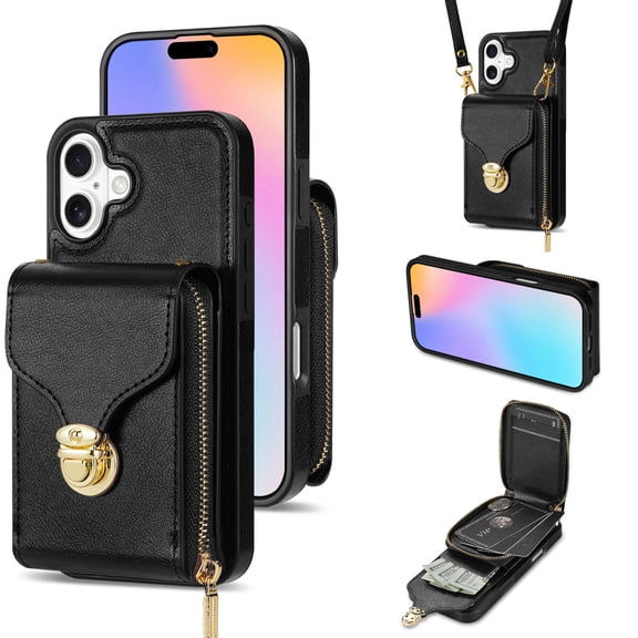 Feishell Crossbody Wallet Case for iPhone 16e with Detachable Shoulder Strap,Premium PU Leather Metal Snap Zipper Pocket Credit Card Holder Kickstand Phone Case for Women Men,Black