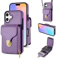 Feishell Crossbody Wallet Case for iPhone 17 with Detachable Shoulder Strap,Premium PU Leather Metal Snap Zipper Pocket Credit Card Holder Kickstand Phone Case for Women Men,Purple