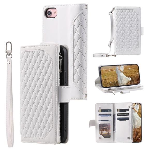 Feishell Crossbody Wallet Case for iPhone SE 2022/iPhone SE 2020/iPhone 8/iPhone 7,Luxury PU Leather Zipper Pocket Card Slots Magnetic Flip Stand Phone Cover with Hand Strap & Shoulder Strap,White