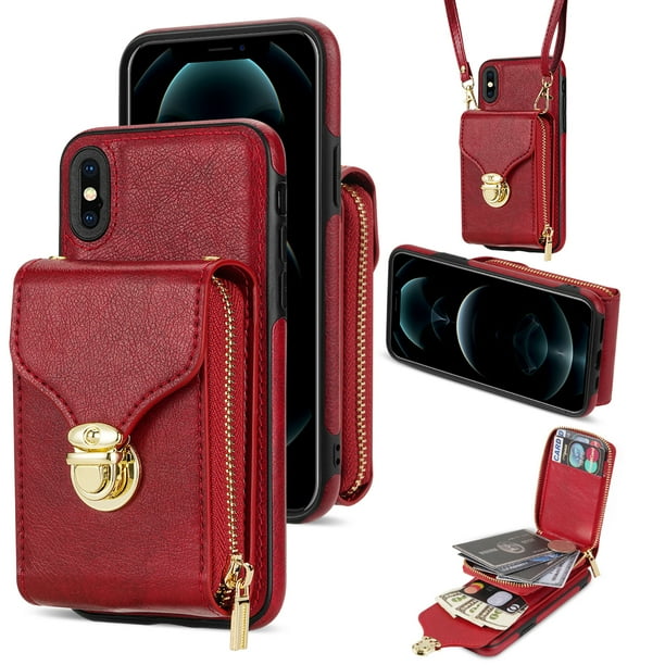 Feishell Crossbody Wallet Case for iPhone XS iPhone X with Detachable Shoulder Strap Premium PU Leather Metal Snap Zipper Pocket Credit Card Holder