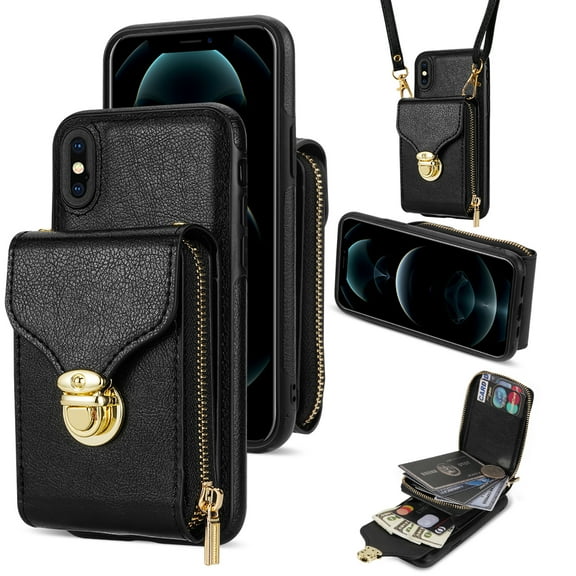 Feishell Crossbody Wallet Case for iPhone XS/iPhone X,with Detachable Shoulder Strap,Premium PU Leather Metal Snap Zipper Pocket Credit Card Holder Kickstand Phone Case for Women Men,Black
