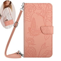 Feishell Crossbody Wallet Cover for Motorola Moto G Play 2023,Flower & Butterfly Embossed Pattern PU Leather Magnetic Flip Stand Card Slots Shockproof Phone Case with Shoulder & Wrist Strap,Pink