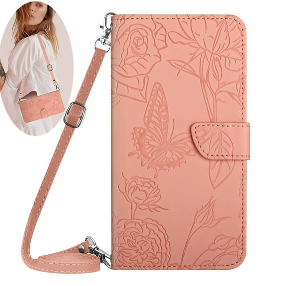 Feishell Crossbody Wallet Cover for Motorola Moto G Play 2023,Flower & Butterfly Embossed Pattern PU Leather Magnetic Flip Stand Card Slots Shockproof Phone Case with Shoulder & Wrist Strap,Pink