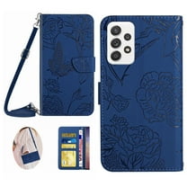 Feishell Crossbody Wallet Cover for Samsung Galaxy A23 4G,Flower & Butterfly Embossed Pattern PU Leather Magnetic Flip Stand Card Slots Shockproof Phone Case with Shoulder & Wrist Strap,Darkblue