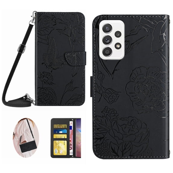 Feishell Crossbody Wallet Cover for Samsung Galaxy A23 4G,Flower & Butterfly Embossed Pattern PU Leather Magnetic Flip Stand Card Slots Shockproof Phone Case with Shoulder & Wrist Strap,Black