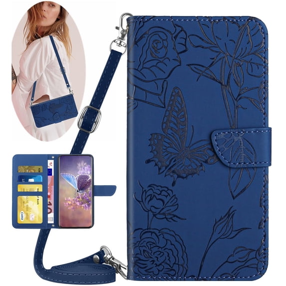 Feishell Crossbody Wallet Cover for Samsung Galaxy A32 5G,Flower & Butterfly Embossed Pattern PU Leather Magnetic Flip Stand Card Slots Shockproof Phone Case with Shoulder & Wrist Strap,Darkblue
