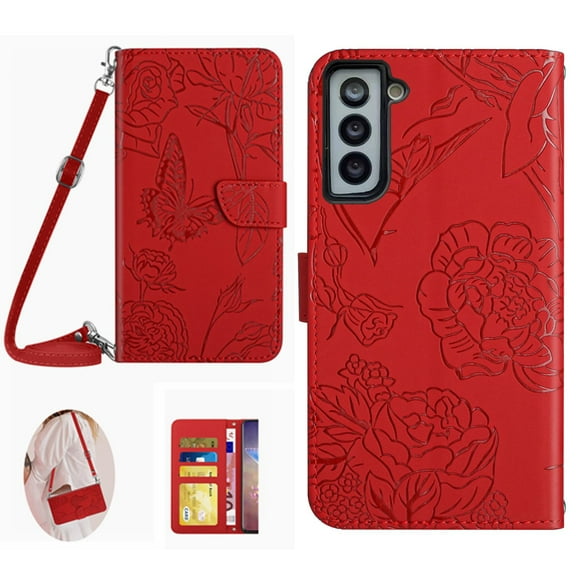 Feishell Crossbody Wallet Cover for Samsung Galaxy S22,Flower & Butterfly Embossed Pattern PU Leather Magnetic Flip Stand Card Slots Shockproof Phone Case with Shoulder & Wrist Strap,Red