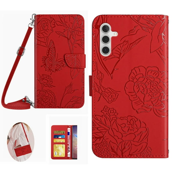 Feishell Crossbody Wallet Cover for Samsung Galaxy S24 FE,Flower & Butterfly Embossed Pattern PU Leather Magnetic Flip Stand Card Slots Shockproof Phone Case with Shoulder & Wrist Strap,Red