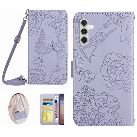 Feishell Crossbody Wallet Cover for Samsung Galaxy S25,Flower & Butterfly Embossed Pattern PU Leather Magnetic Flip Stand Card Slots Shockproof Phone Case with Shoulder & Wrist Strap,Lightpurple