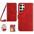 thumbnail image 1 of Feishell Crossbody Wallet Cover for Samsung Galaxy S25 Ultra,Flower & Butterfly Embossed Pattern PU Leather Magnetic Flip Stand Card Slots Shockproof Phone Case with Shoulder & Wrist Strap,Red, 1 of 13