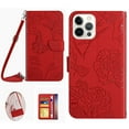 thumbnail image 1 of Feishell Crossbody Wallet Cover for iPhone 14 Pro,Flower & Butterfly Embossed Pattern PU Leather Magnetic Flip Stand Card Slots Shockproof Phone Case with Shoulder & Wrist Strap,Red, 1 of 13