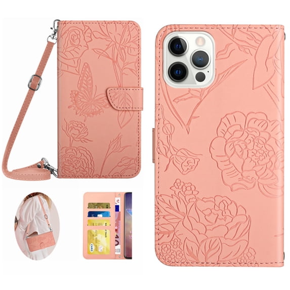 Feishell Crossbody Wallet Cover for iPhone 14 Pro,Flower & Butterfly Embossed Pattern PU Leather Magnetic Flip Stand Card Slots Shockproof Phone Case with Shoulder & Wrist Strap,Pink