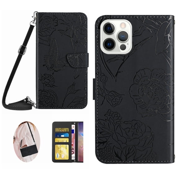 Feishell Crossbody Wallet Cover for iPhone 14 Pro,Flower & Butterfly Embossed Pattern PU Leather Magnetic Flip Stand Card Slots Shockproof Phone Case with Shoulder & Wrist Strap,Black