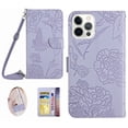 thumbnail image 1 of Feishell Crossbody Wallet Cover for iPhone 14 Pro Max,Flower & Butterfly Embossed Pattern PU Leather Magnetic Flip Stand Card Slots Shockproof Phone Case with Shoulder & Wrist Strap,Lightpurple, 1 of 13