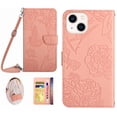 thumbnail image 1 of Feishell Crossbody Wallet Cover for iPhone 15,Flower & Butterfly Embossed Pattern PU Leather Magnetic Flip Stand Card Slots Shockproof Phone Case with Shoulder & Wrist Strap,Pink, 1 of 12
