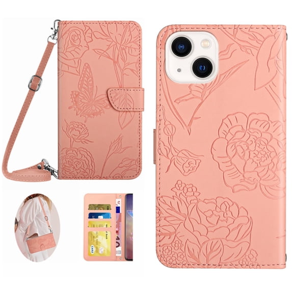 Feishell Crossbody Wallet Cover for iPhone 15,Flower & Butterfly Embossed Pattern PU Leather Magnetic Flip Stand Card Slots Shockproof Phone Case with Shoulder & Wrist Strap,Pink