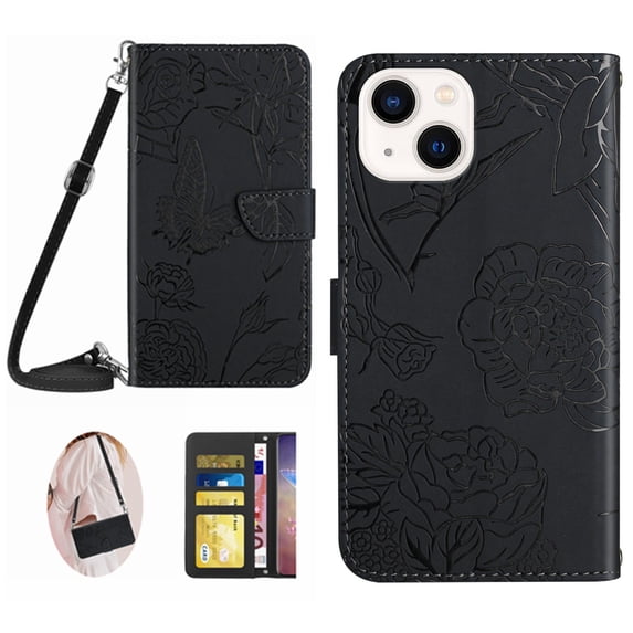 Feishell Crossbody Wallet Cover for iPhone 15,Flower & Butterfly Embossed Pattern PU Leather Magnetic Flip Stand Card Slots Shockproof Phone Case with Shoulder & Wrist Strap,Black