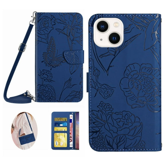 Feishell Crossbody Wallet Cover for iPhone 15 Plus,Flower & Butterfly Embossed Pattern PU Leather Magnetic Flip Stand Card Slots Shockproof Phone Case with Shoulder & Wrist Strap,Darkblue